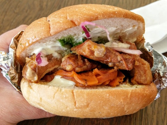 Peruvian pork belly and yam sandwich.
